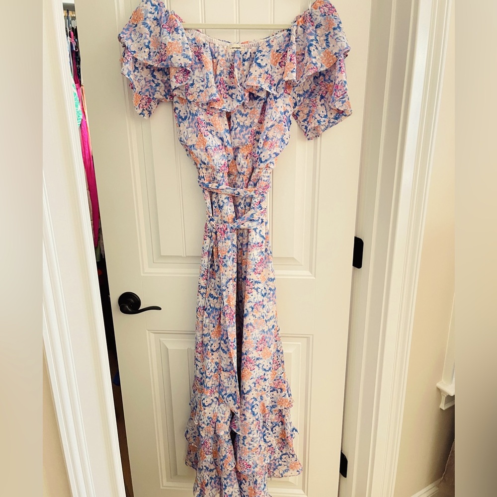 Flounced off or on shoulder maxi dress